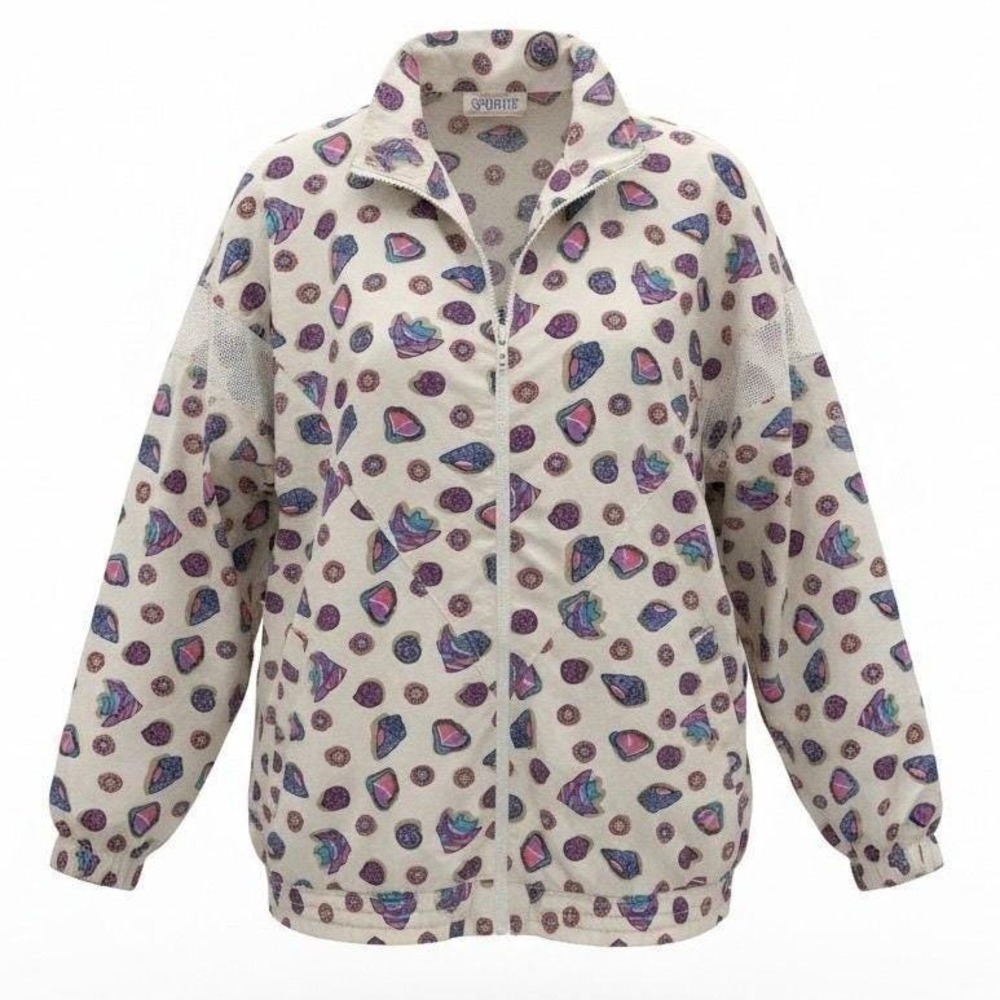 American Sportif Jacket Womens L Cream Vintage Shell Print Windbreaker Zip Up